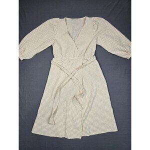 Gingham Wrap Dress Beige & White Puff Sleeve Midi Size M Boho Cottagecore